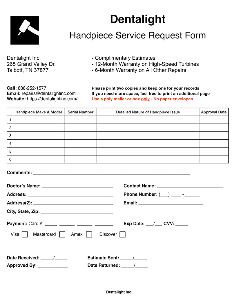 Dentalight handpiece service request form