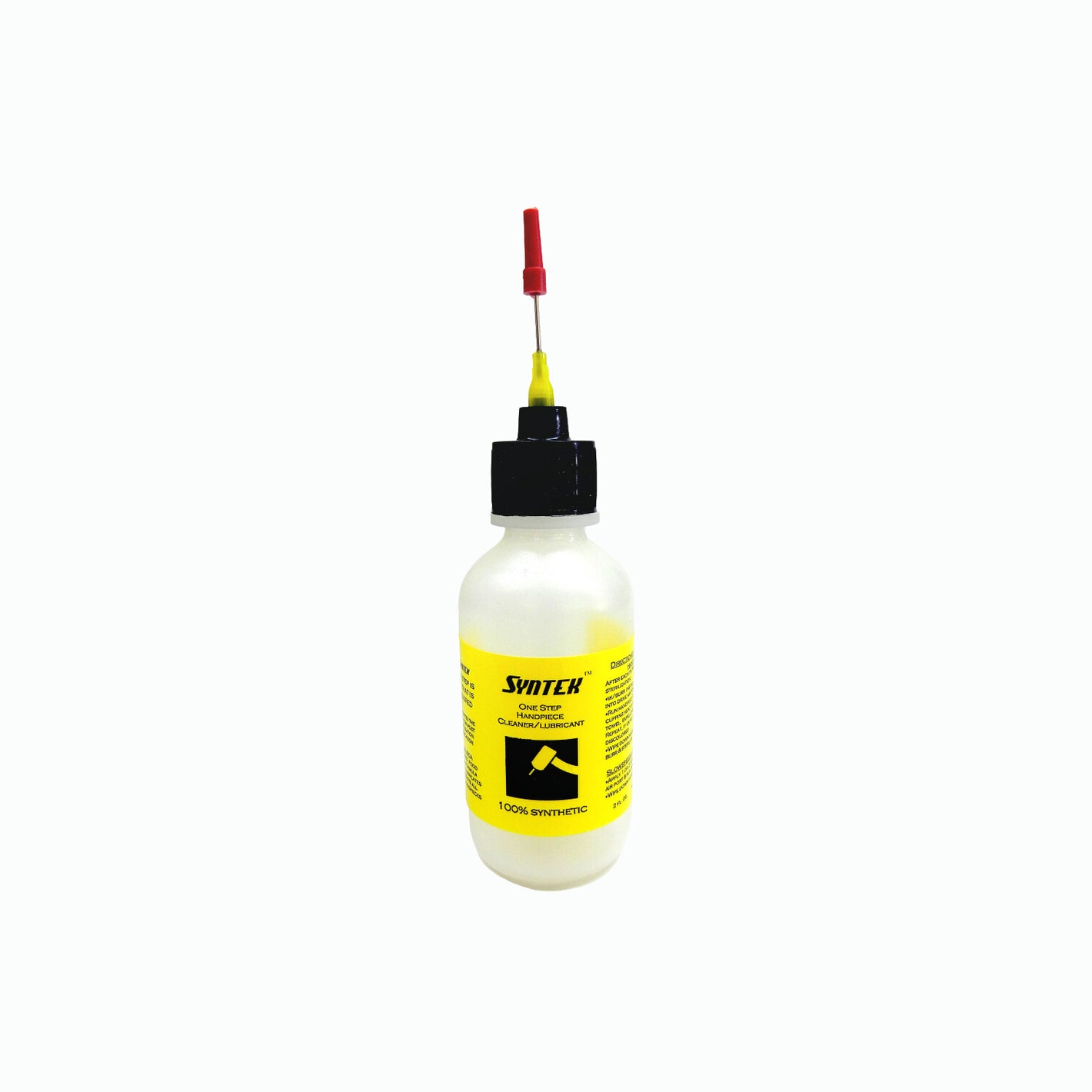 A dropper bottle of Syntek Synthetic Dental Handpiece Cleaner/Lubricant with a black cap and a yellow label.